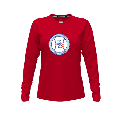 [CUS-DFW-TEES-CMF-VNK-LSL-RED-FYXS-LOGO1] Decker Comfort T-Shirt (Female Youth XS, Red, V Neck, Logo 1, Long Sleeve)